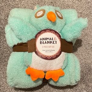 Fleece Aqua Owl Plush Blanket Set (NWT)